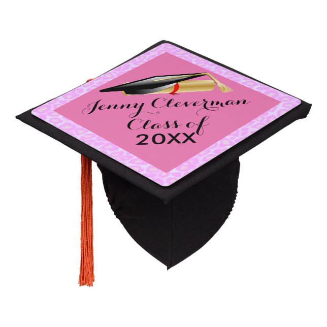 Graduate | Pink Leopard Animal Print | Personalize Graduation Cap Topper (Angled)