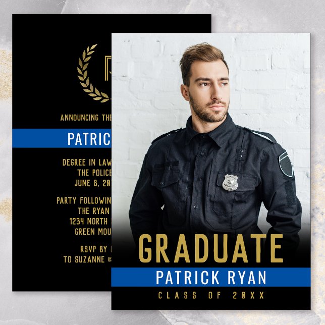 Graduate Police Thin Blue Line Gold Back Photo Announcement (Police Blue Line Graduation Announcement Party Invitation)