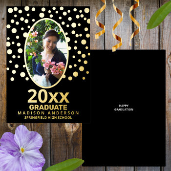 Graduate Polka Dot Oval Photo Black And Gold Foil Invitation by ArtfulDesignsByVikki at Zazzle