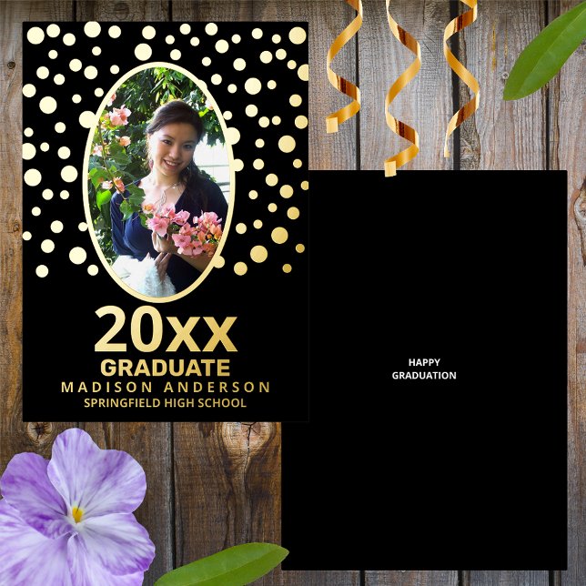 Graduate Polka Dot Oval Photo Black And Gold Foil Invitation (Creator Uploaded)