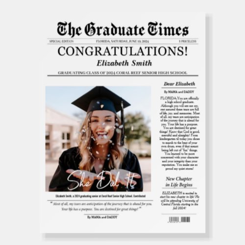 Graduate Printable Newspaper Keepsake Graduation  Foam Board
