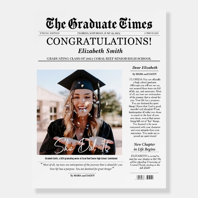 Graduate Printable Newspaper Keepsake, Graduation  Foam Board (Front)