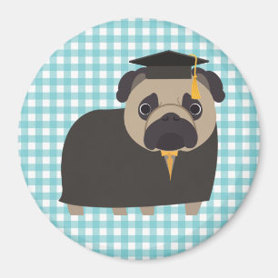 Graduate Pug on Blue and White Gingham Design Magnet