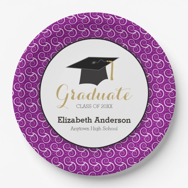Graduate Purple and Gold Graduation Party Paper Plates (Front)