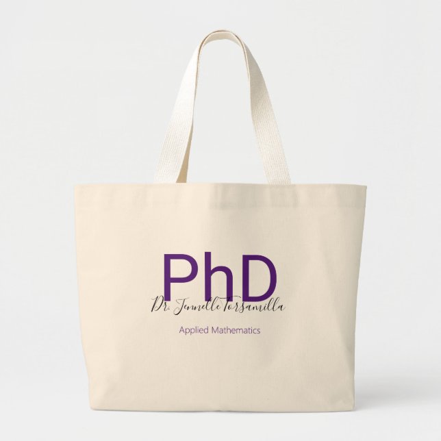 Graduate Purple Degree Name PhD Large Tote Bag (Front)
