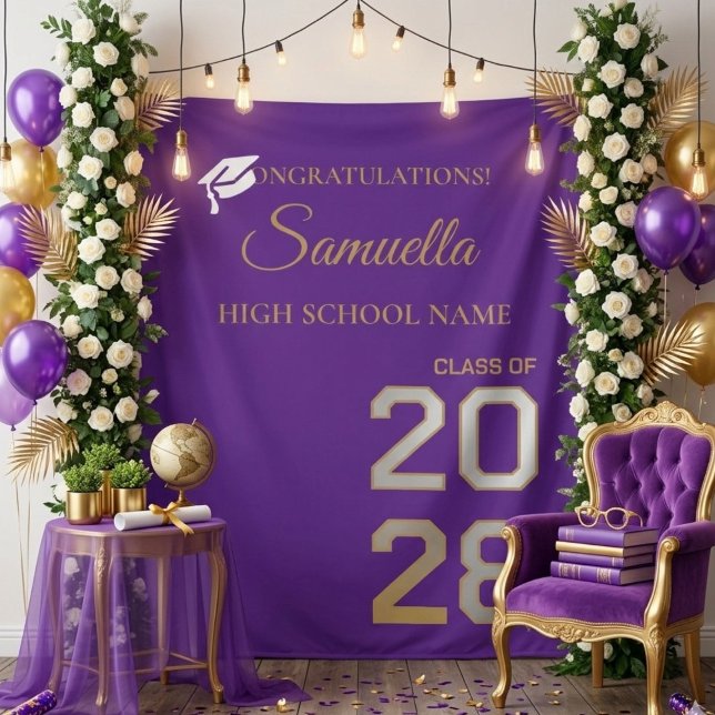 Graduate Purple Gold Script Graduation Party Tapestry (Creator Uploaded)