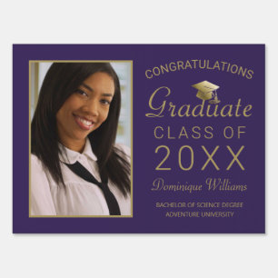 Graduate Purple Gold Script Photo Grad 2023 Sign