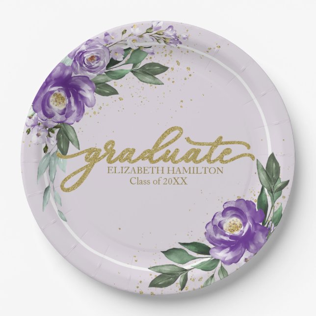 Graduate Purple Lavender Floral Graduation Party Paper Plates (Front)