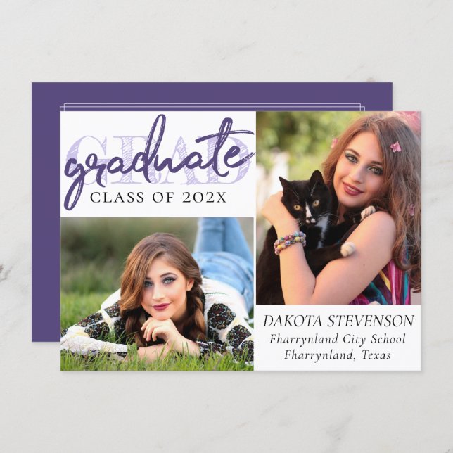 Graduate Purple Script | Chic Lavender 2 Photo Invitation (Front/Back)