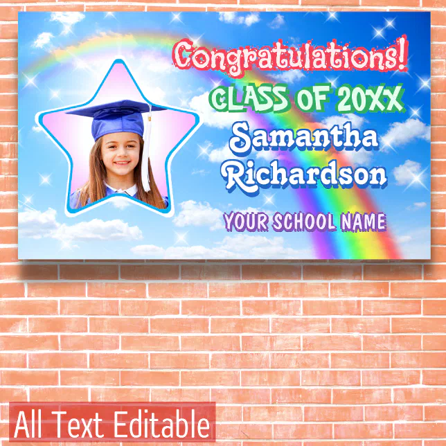 Graduate Rainbow in Blue Sky Star Photo Graduation Banner | Zazzle