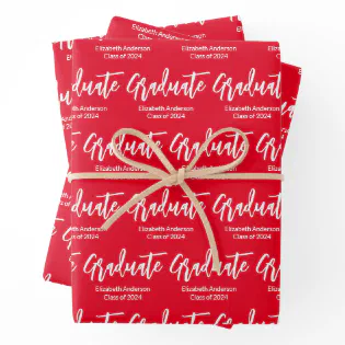 Graduate Red and White Grad Name Class of 2024  Wrapping Paper Sheets