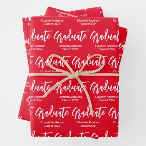 Graduate Red and White Grad Name Class of 2024  Wrapping Paper Sheets
