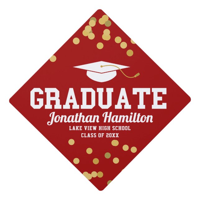 Graduate Red Gold Confetti Graduation Cap Topper (Front)