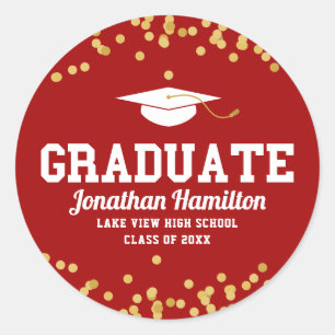 Graduate Red Gold Confetti Graduation Classic Round Sticker