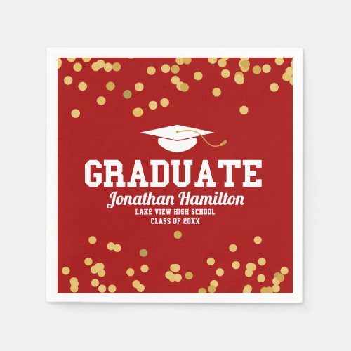 Graduate Red Gold Confetti Graduation Party Napkins