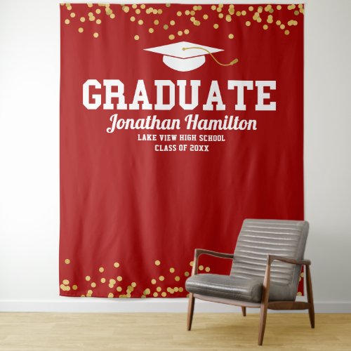 Graduate Red Gold Graduation Party Backdrop