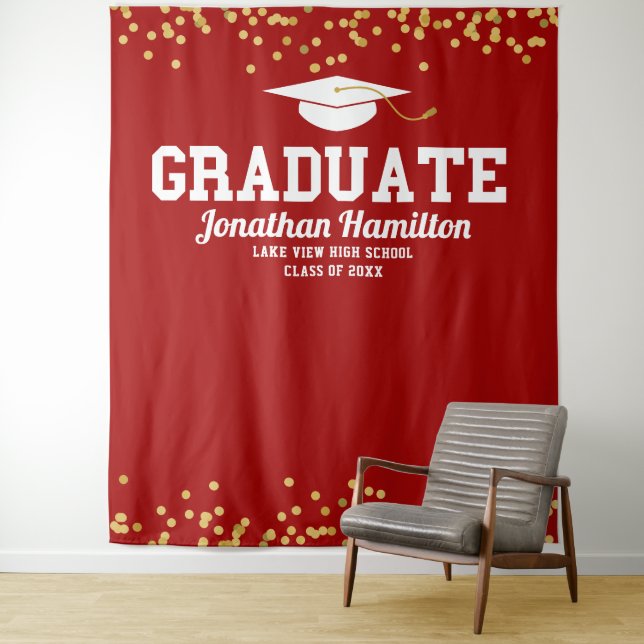 Graduate Red Gold Graduation Party Backdrop (In Situ)