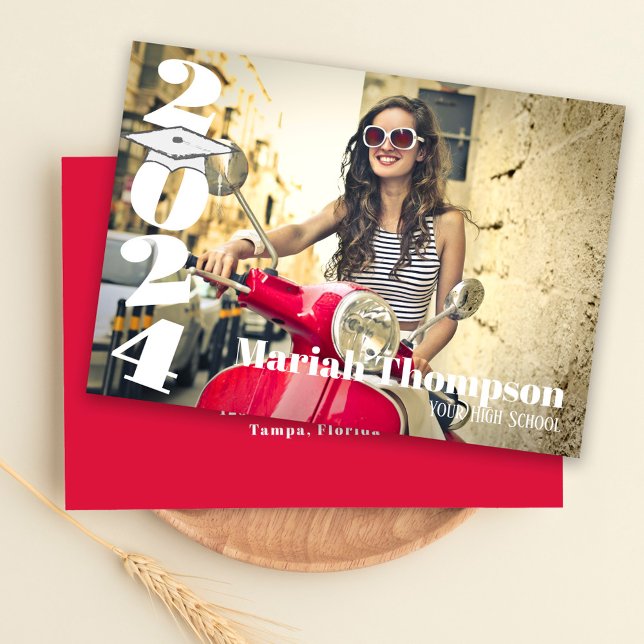 Graduate Red Photo Template Class Of 2024 Stylish (Graduation invitation announcement card with Crimson red school colors. )