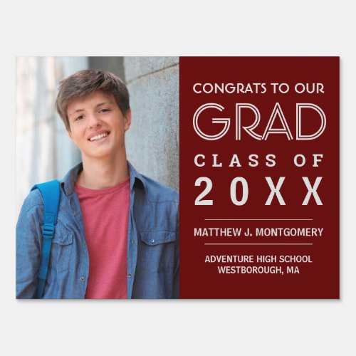 Graduate Red w White Script Photo Grad 2023 Sign