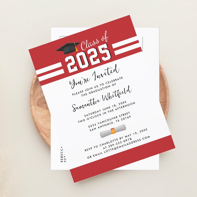 Graduate Red White Class of 2025 Graduation Invitation Postcard (2025 Graduation Party Red White Invitation Postcard)