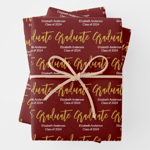 Graduate Red White Gold Grad Name Class of 2024  Wrapping Paper Sheets