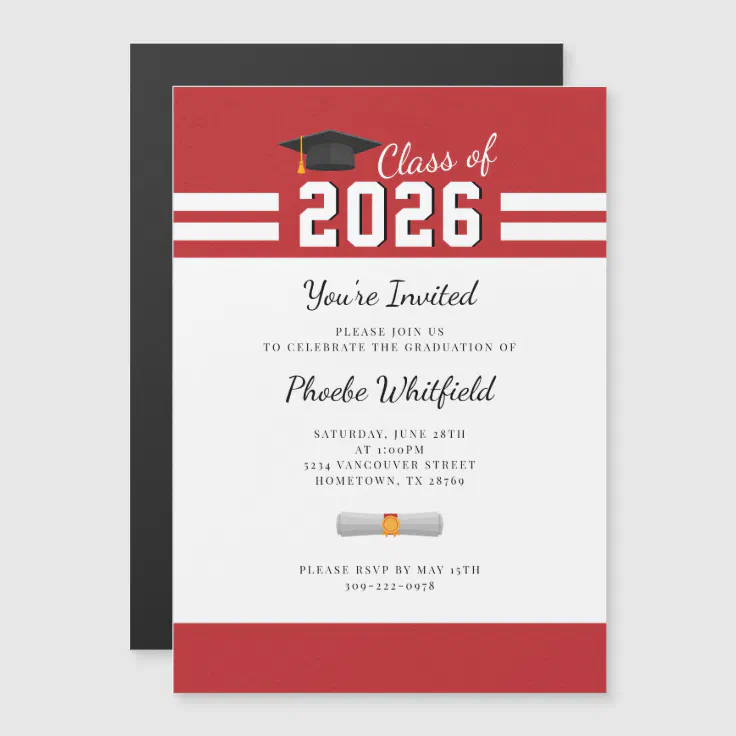 Graduate Red White Simple Modern Graduation Magnetic Invitation | Zazzle