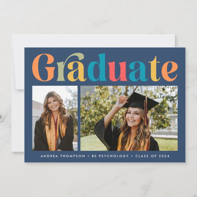 Graduate Retro Colorful Two Photo Graduation Announcement (Front)