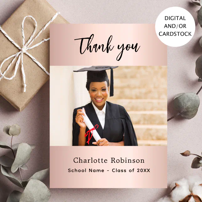 Graduate rose gold blush photo thank you card | Zazzle