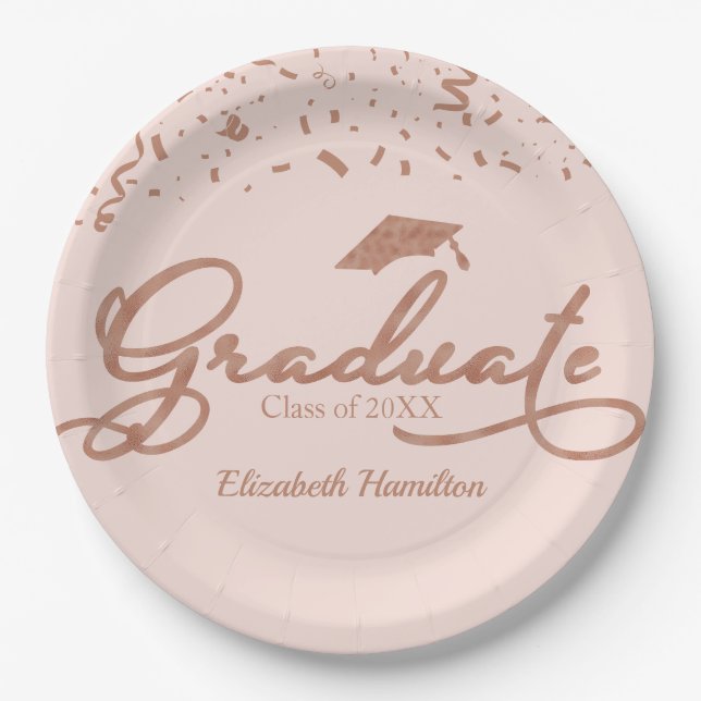 Graduate Rose Gold Foil Graduation Party Pink Paper Plates (Front)