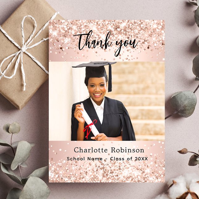 Graduate rose gold photo confetti thank you card (Creator Uploaded)