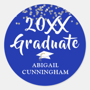 Graduate Royal Blue Confetti Brush Hand Lettered Classic Round Sticker