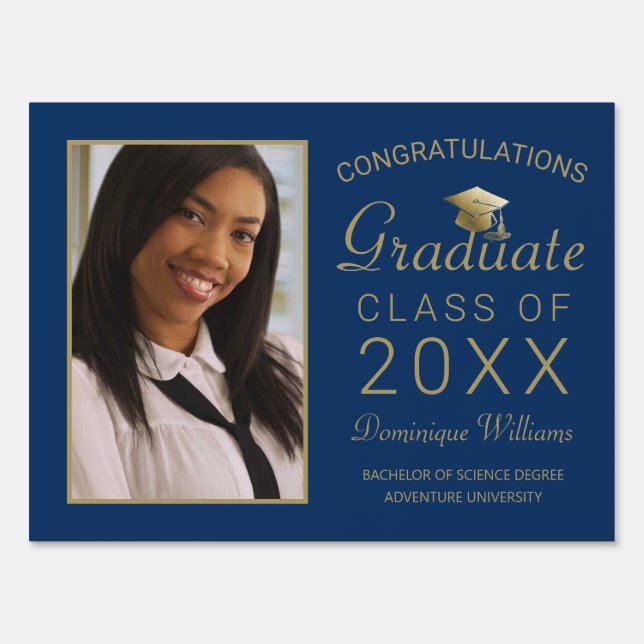 Graduate Royal Blue Gold Script Photo Grad 2025 Sign (Front)