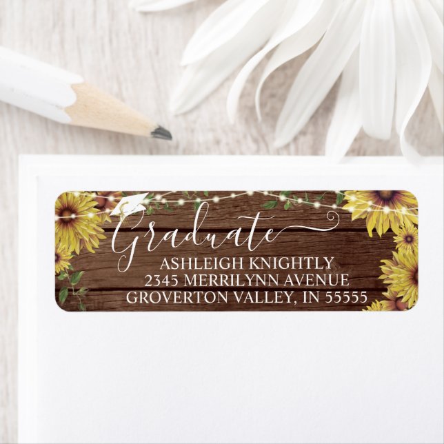 Graduate Rustic Sunflower Wood String Lights Jars Label (Insitu)
