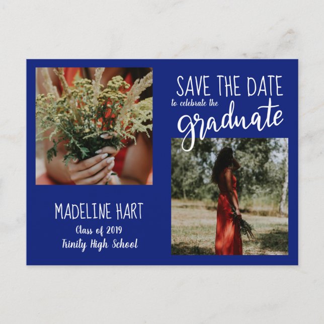 Graduate | Save The Date Modern Photo | Navy Blue Announcement Postcard (Front)