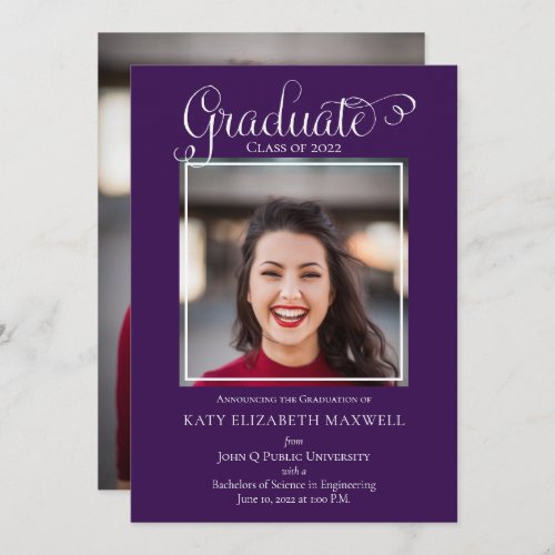 Graduate Script 2 Photo Purple College Graduation Announcement