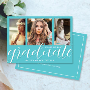 Graduate Script 3-Photo Turquoise Graduation Announcement