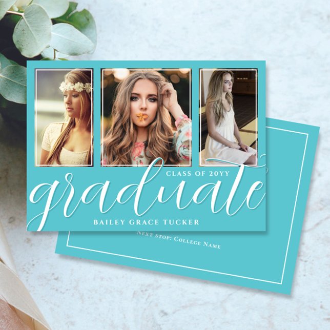 Graduate Script 3-Photo Turquoise Graduation Announcement (Creator Uploaded)