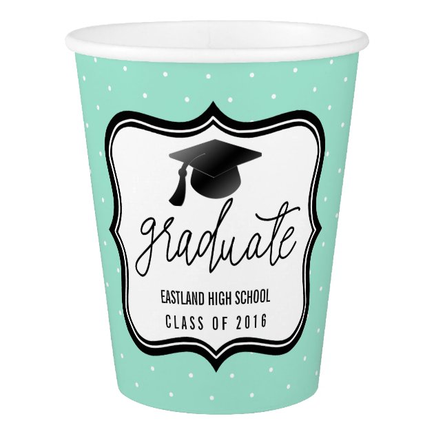 Graduate Script Black Hat | Mint Blue Polka Dots Paper Cup