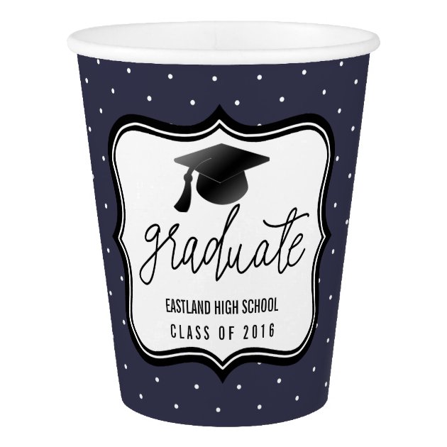 Graduate Script Black Hat | Navy Blue Polka Dots Paper Cup