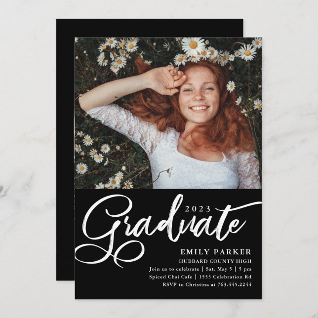 Graduate Script Black White Graduation Party Photo Invitation (Front/Back)