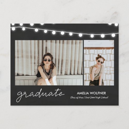 Graduate Script Chalkboard String Lights  Photo   Announcement Postcard