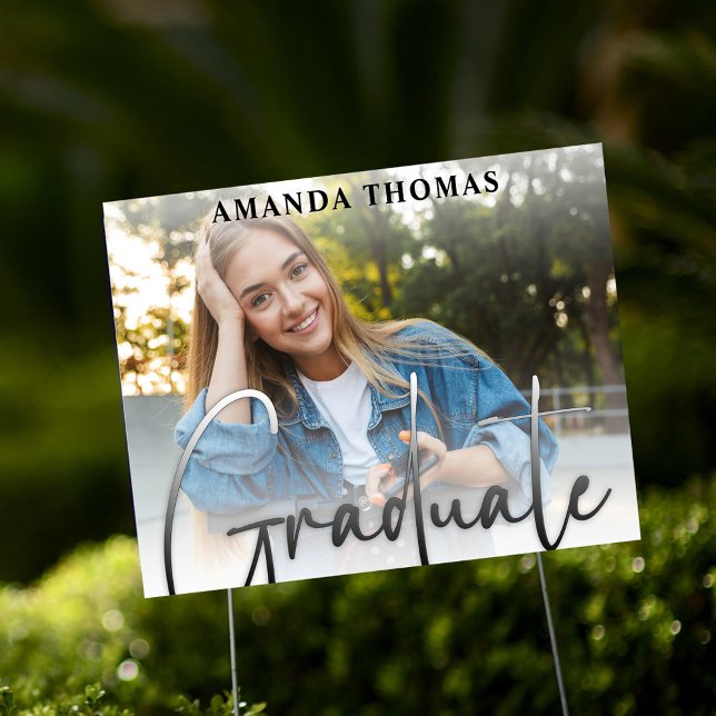 Graduate Script Custom Photo Outdoor Yard Sign (Custom graduation photo yard sign with modern script and senior name.)