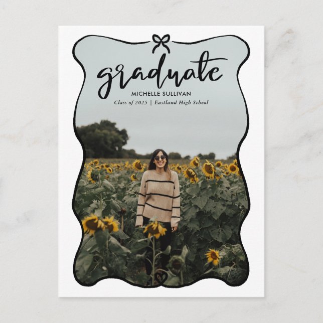 Graduate Script Cute Bow Heart Frame | Photo Announcement Postcard (Front)