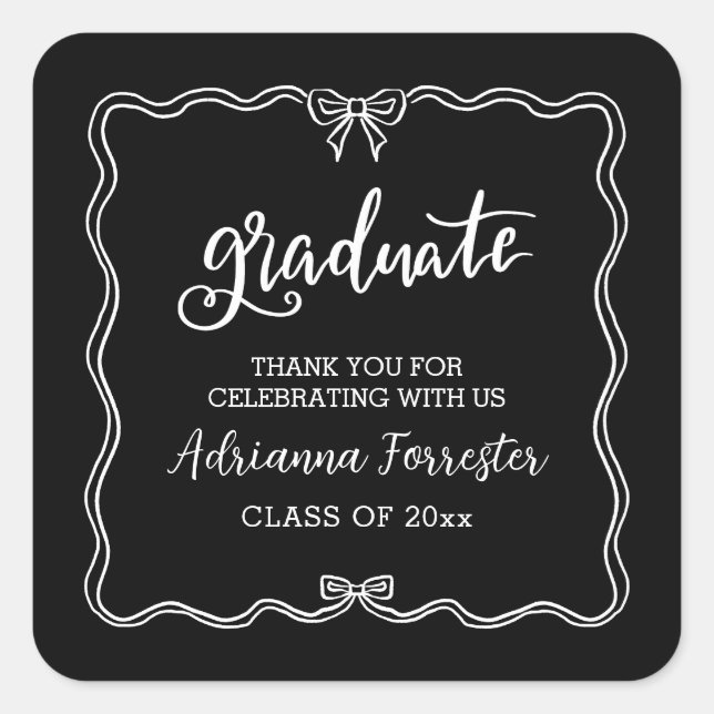 Graduate Script Cute Bow | Thank You Square Sticker (Front)