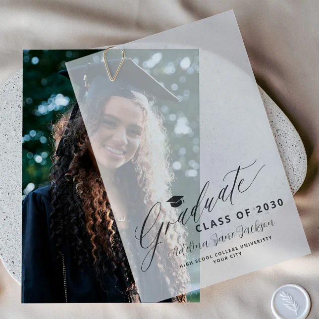 Grad Overlay Graduate script elegant graduation overlay vellum invitations | Zazzle