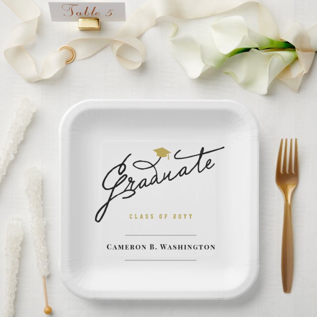 Graduate Script Grad Cap Simple Graduation Party Paper Plates (Wedding)
