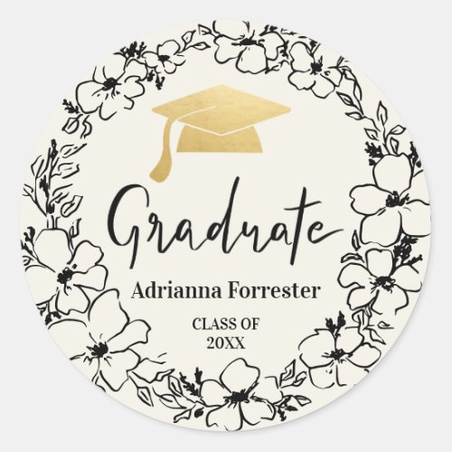 Graduate Script  Grad Hat Gold Floral Wreath  Classic Round Sticker