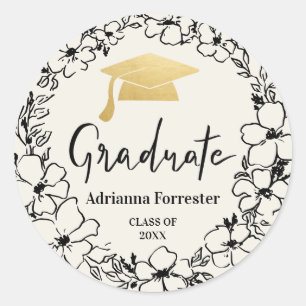 Graduate Script Grad Hat Gold Floral Wreath Classic Round Sticker