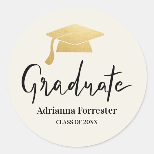 Graduate Script  Grad Hat Gold Foil  Modern Classic Round Sticker