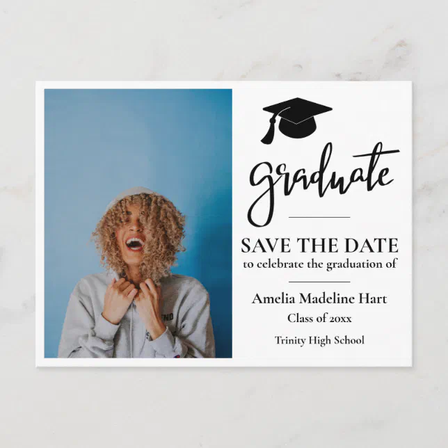 Graduate Script | Grad Hat | Save The Date Photo Postcard | Zazzle